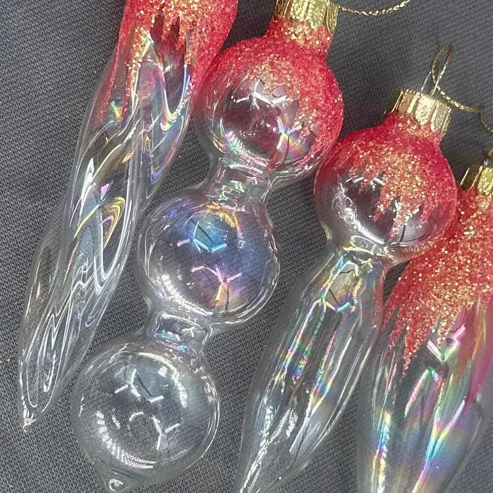 4 VTG Blown Glass Icicle Christmas Ornaments Clear Iridescent Pink Glitter Glam